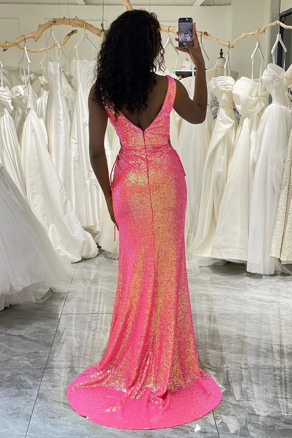 Wholesale Sparkly Hot Pink Mermaid V Neck Zipper Back Long Prom Dress With Slit prom dresses with long sleeves